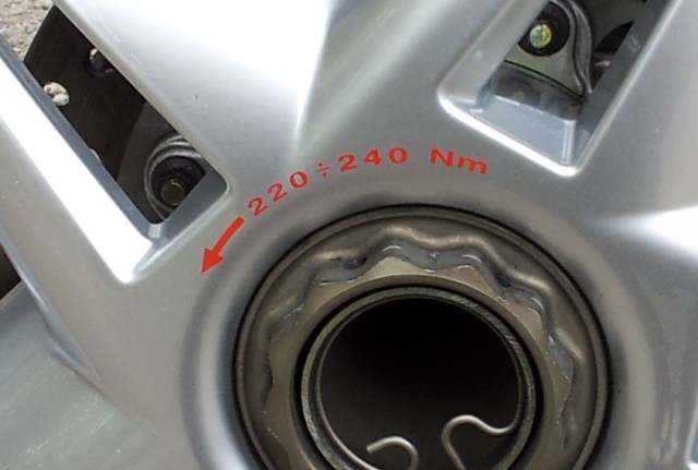 centre of the rear wheel of an MV Augusta showing torque settings